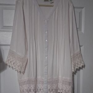Collections  Cream Button-Front Blouse with Lace Trim